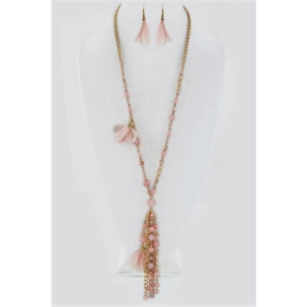 Bohemian light Pink Glass Beaded Floral Tassel Necklace Set